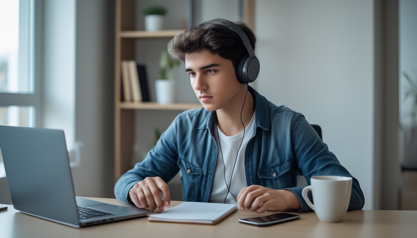 Seorang dewasa muda duduk di meja dengan laptop dan mencatat sambil bermain game online di ruangan yang rapi dan terang.