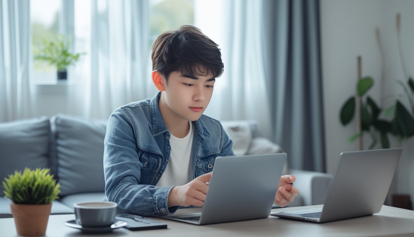 Seorang dewasa muda sedang bermain game online di laptop dengan ekspresi tenang di ruang tamu yang rapi dan terang.