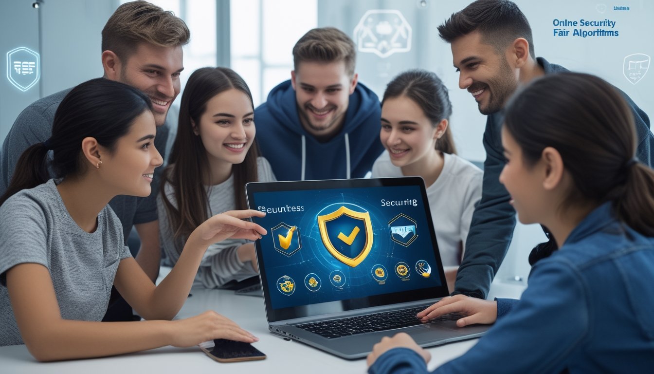 Sekelompok orang muda sedang menggunakan laptop dan ponsel untuk bermain game online dengan suasana yang aman dan terpercaya.