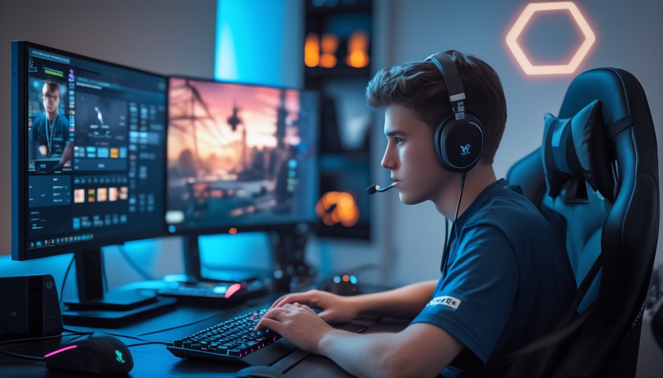 Seorang gamer muda yang fokus bermain game online di meja dengan beberapa monitor dan perlengkapan gaming.