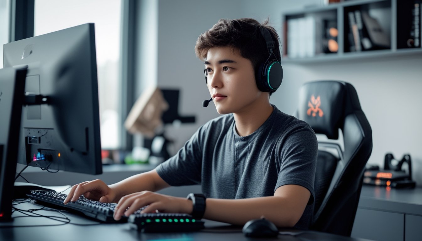 Seorang dewasa muda fokus bermain game online di meja dengan komputer dan beberapa monitor dalam ruangan yang rapi dan terang.