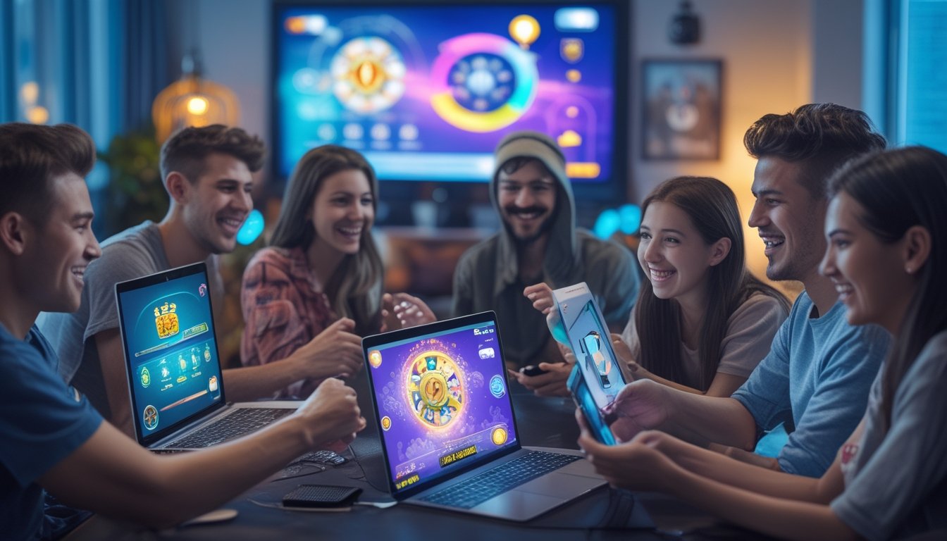 Sekelompok orang muda sedang bermain game online dengan antusias di ruang tamu yang nyaman, menampilkan layar perangkat dengan fitur bonus permainan yang menarik.