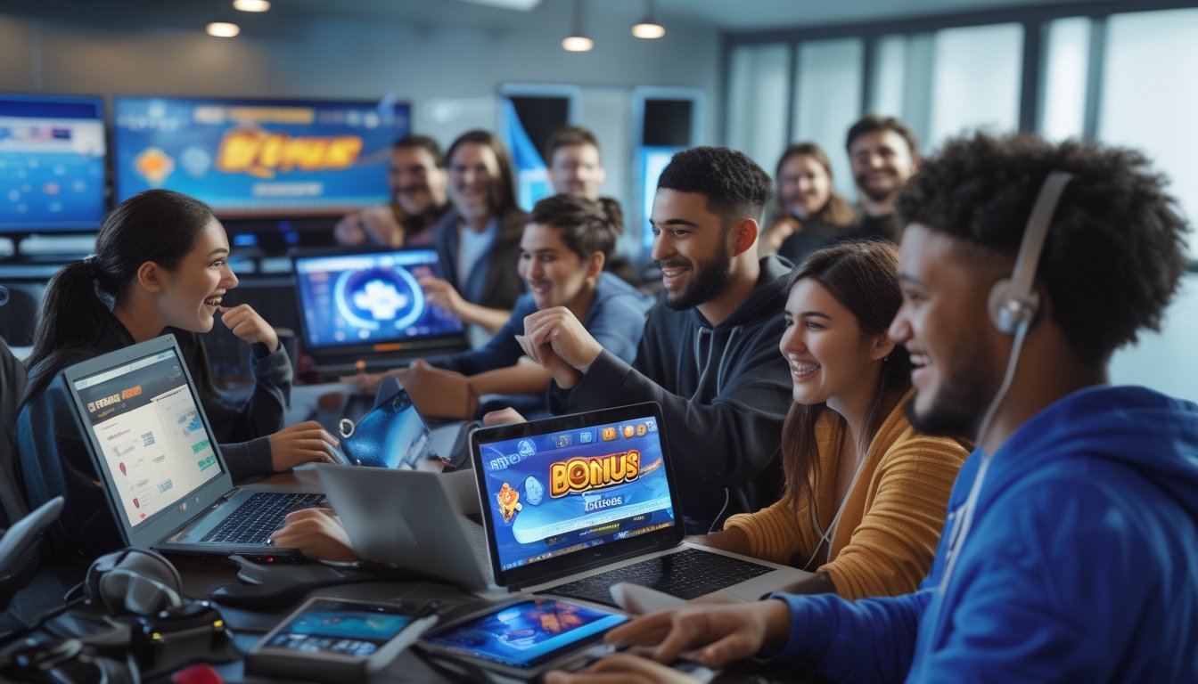 Sekelompok orang muda sedang bermain game online dengan antusias menggunakan berbagai perangkat digital di ruangan yang terang dan modern.