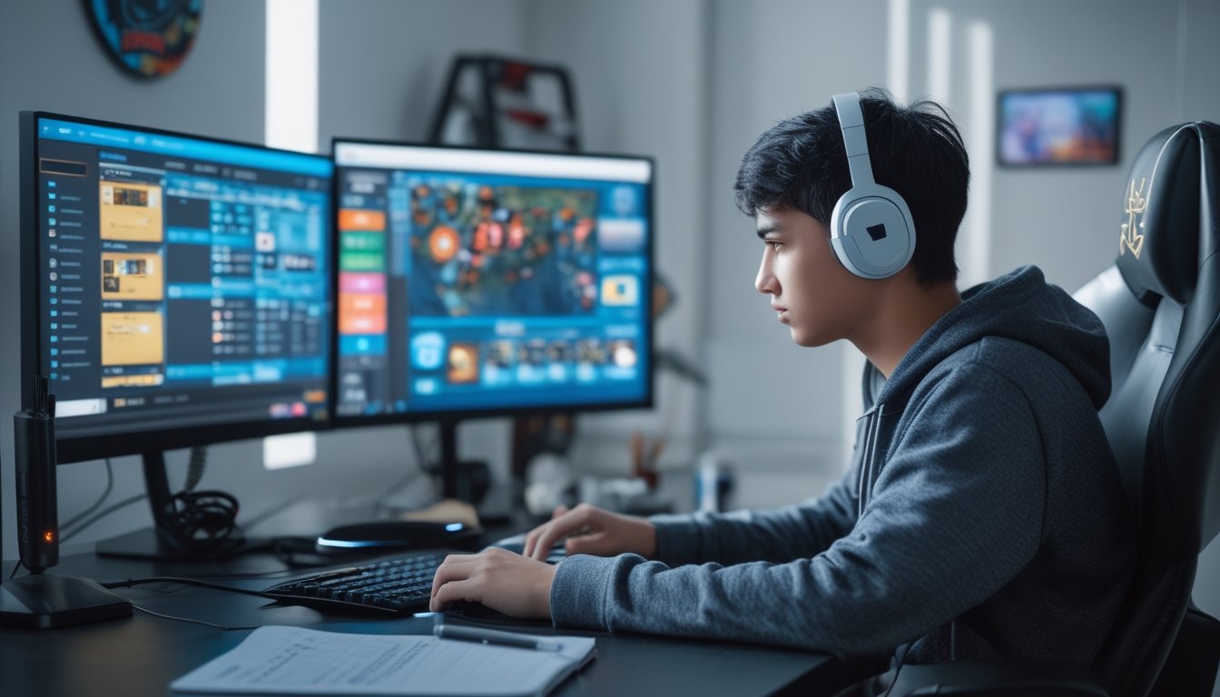 Seorang dewasa muda fokus duduk di depan meja dengan perangkat gaming dan catatan, sedang mengelola modal saat bermain game online.