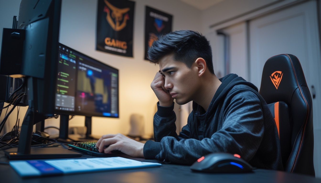 Seorang pemain game muda duduk di depan komputer dengan ekspresi serius dan fokus, di ruangan yang rapi dengan peralatan gaming.