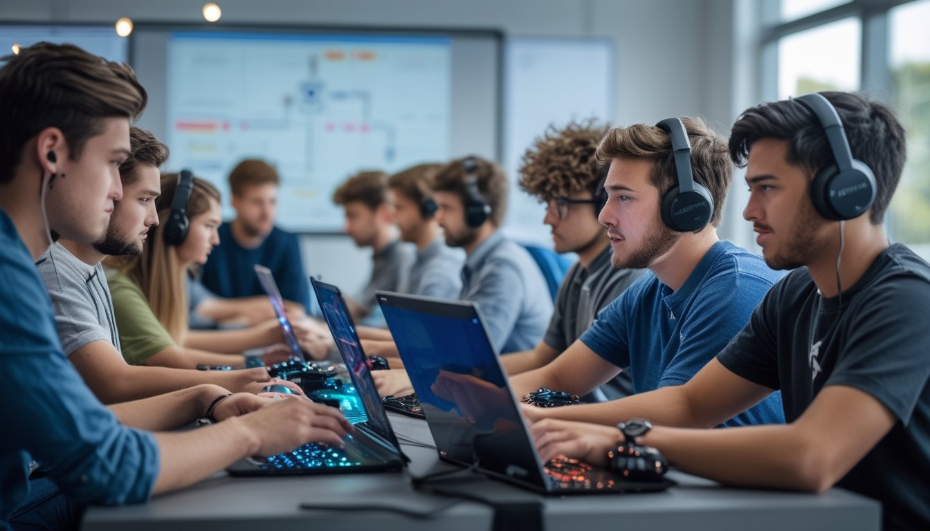Sekelompok orang muda bermain game online bersama di ruangan modern dengan ekspresi fokus dan berdiskusi.