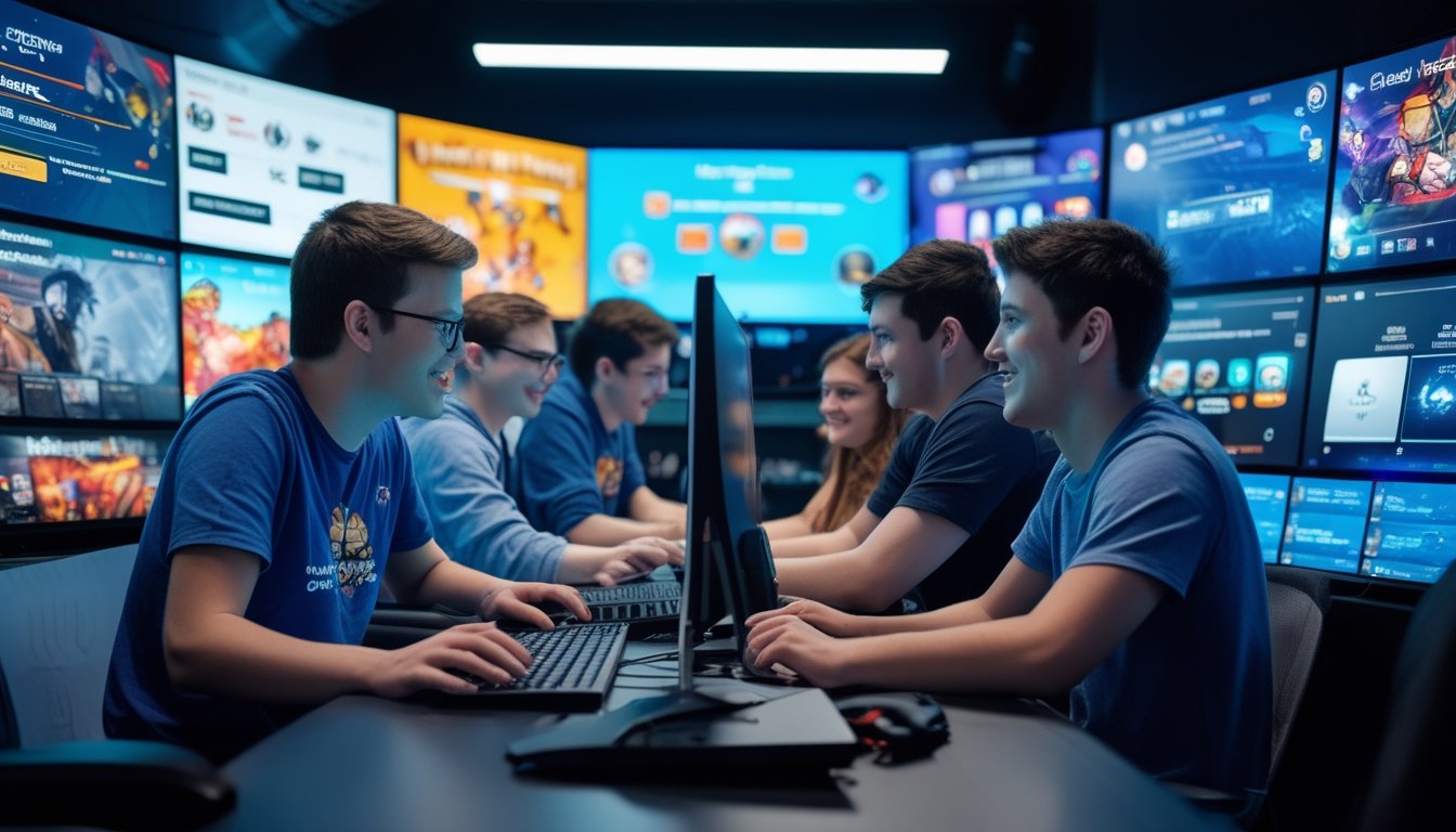 Sekelompok orang muda sedang bermain dan berdiskusi di depan beberapa layar yang menampilkan berbagai game online populer dengan suasana yang hidup dan penuh semangat.