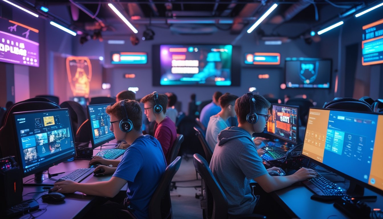 Sekelompok orang muda sedang bermain game online di perangkat komputer dengan suasana ruangan modern dan pencahayaan warna-warni.