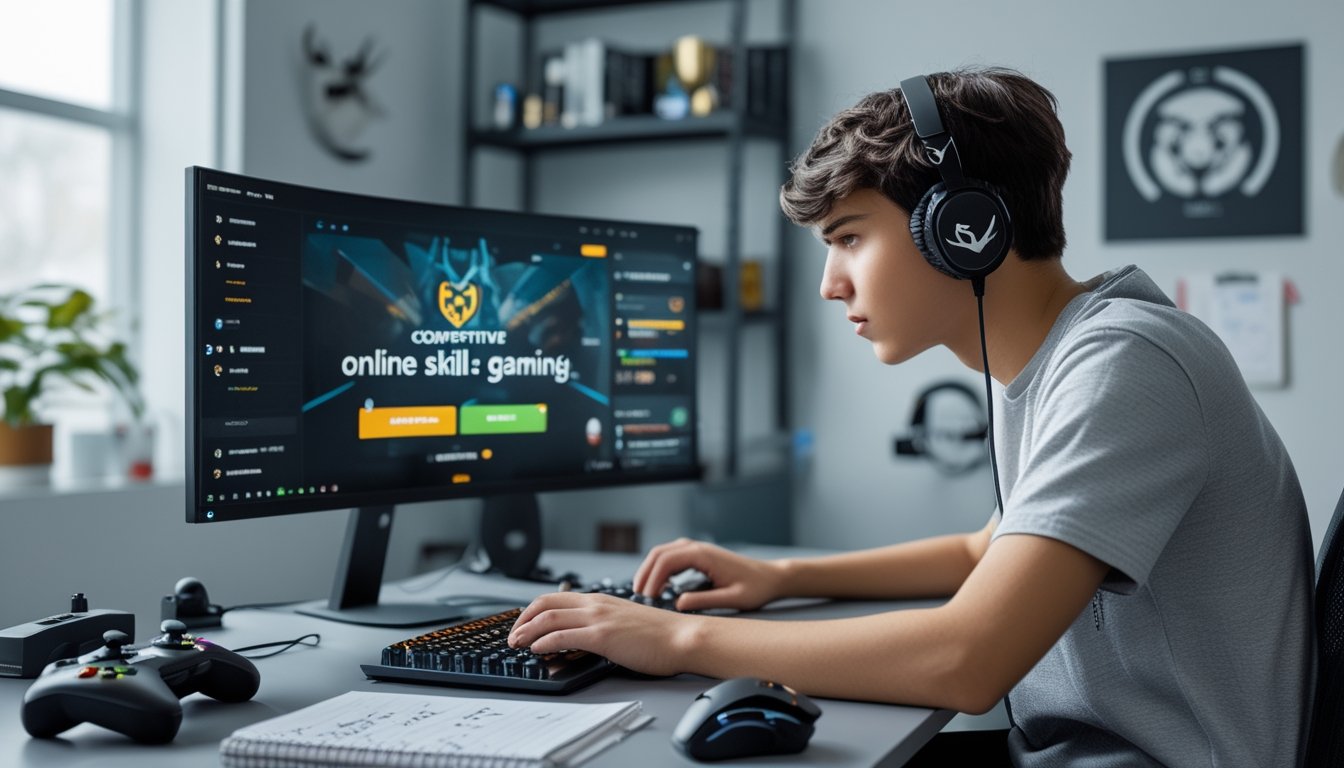 Seorang dewasa muda duduk di meja modern fokus bermain game online berbasis keterampilan dengan perangkat gaming di sekitarnya.