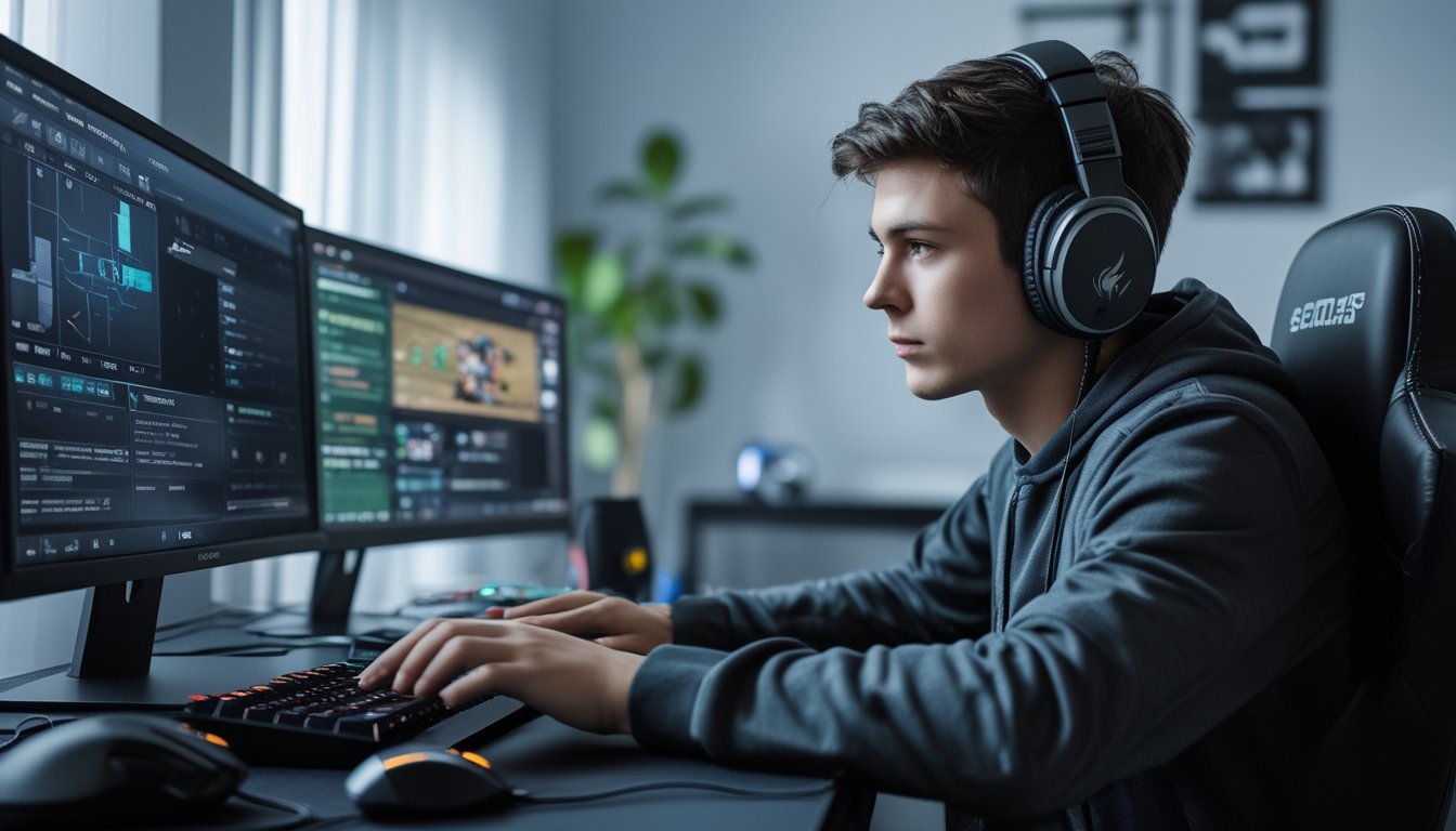 Seorang pria muda fokus bermain game di meja dengan beberapa monitor dan perangkat gaming di ruangan yang rapi.