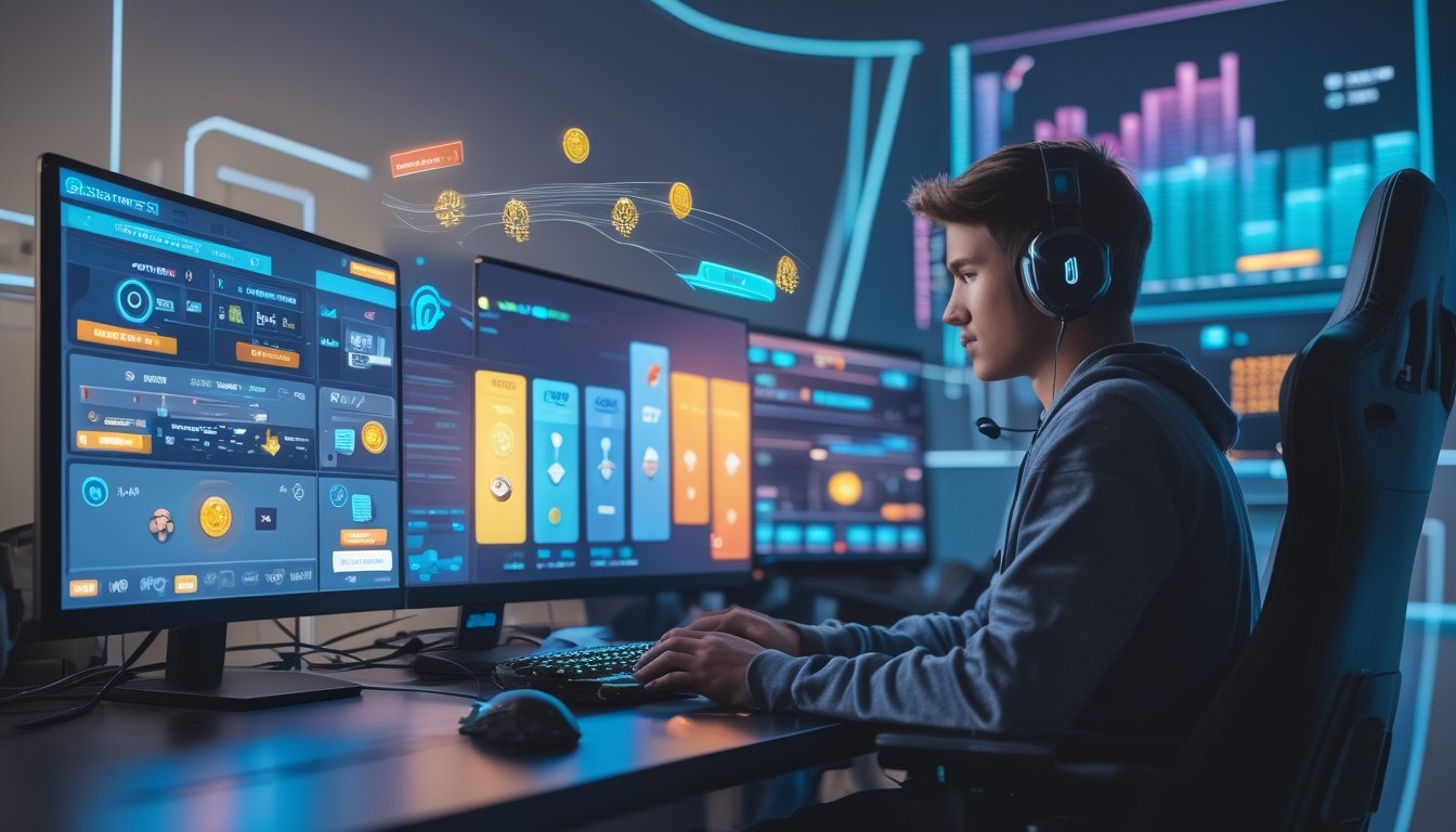 Seorang pemain game muda duduk di depan meja dengan beberapa monitor menampilkan antarmuka game dan hadiah virtual, fokus menggunakan keyboard dan mouse dalam suasana modern dan berteknologi tinggi.