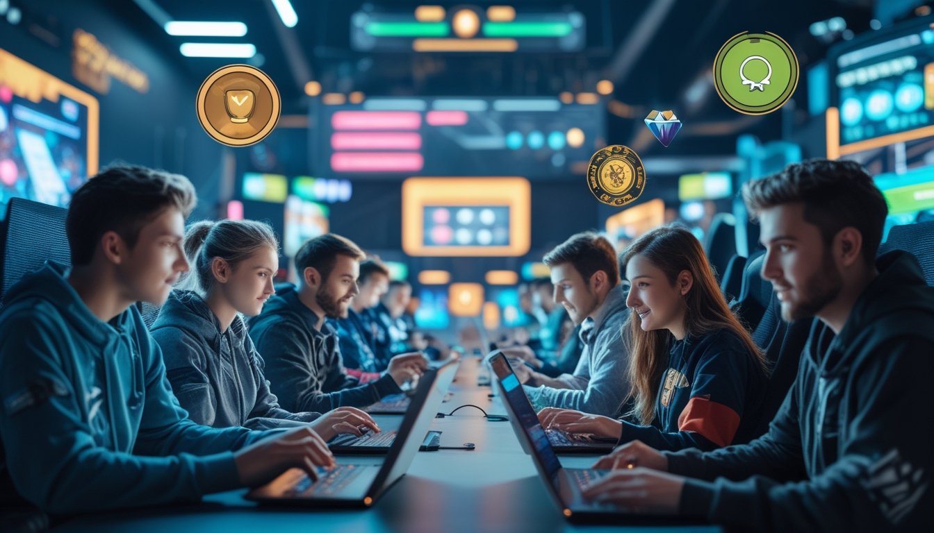 Sekelompok orang bermain game online dengan perangkat digital, menampilkan ikon hadiah seperti koin dan trofi pada layar.