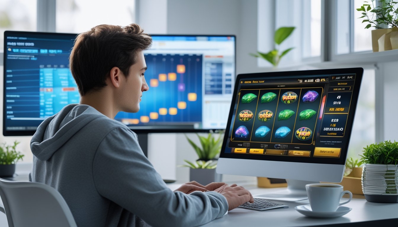 Seorang pemula sedang duduk di meja kerja dengan laptop yang menampilkan permainan slot online, fokus dan serius menganalisis permainan di ruang kerja yang terang dan rapi.
