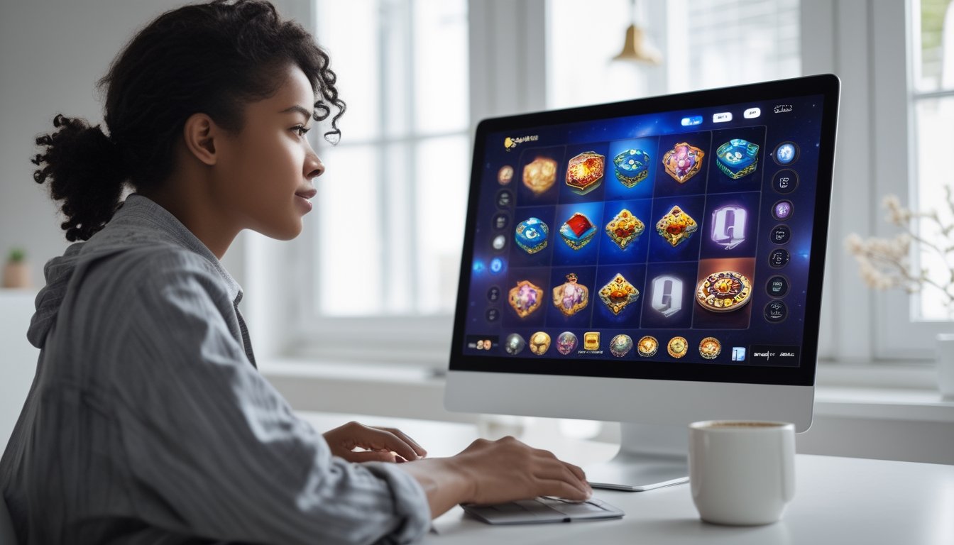 Seseorang muda duduk di meja dengan laptop, fokus melihat permainan slot online di layar, di ruang kerja rumah yang terang dan rapi.