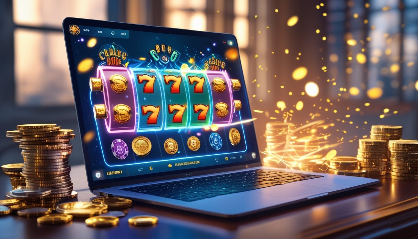 Sebuah laptop menampilkan permainan mesin slot online dengan simbol warna-warni dan koin emas di atas meja kayu, dikelilingi chip poker dan kartu remi.