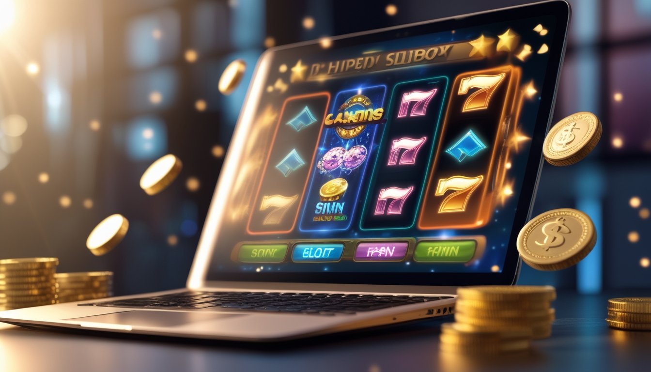 Seseorang menggunakan komputer dengan tampilan permainan slot online yang berwarna-warni dan simbol jackpot, dikelilingi koin emas dan chip kasino.