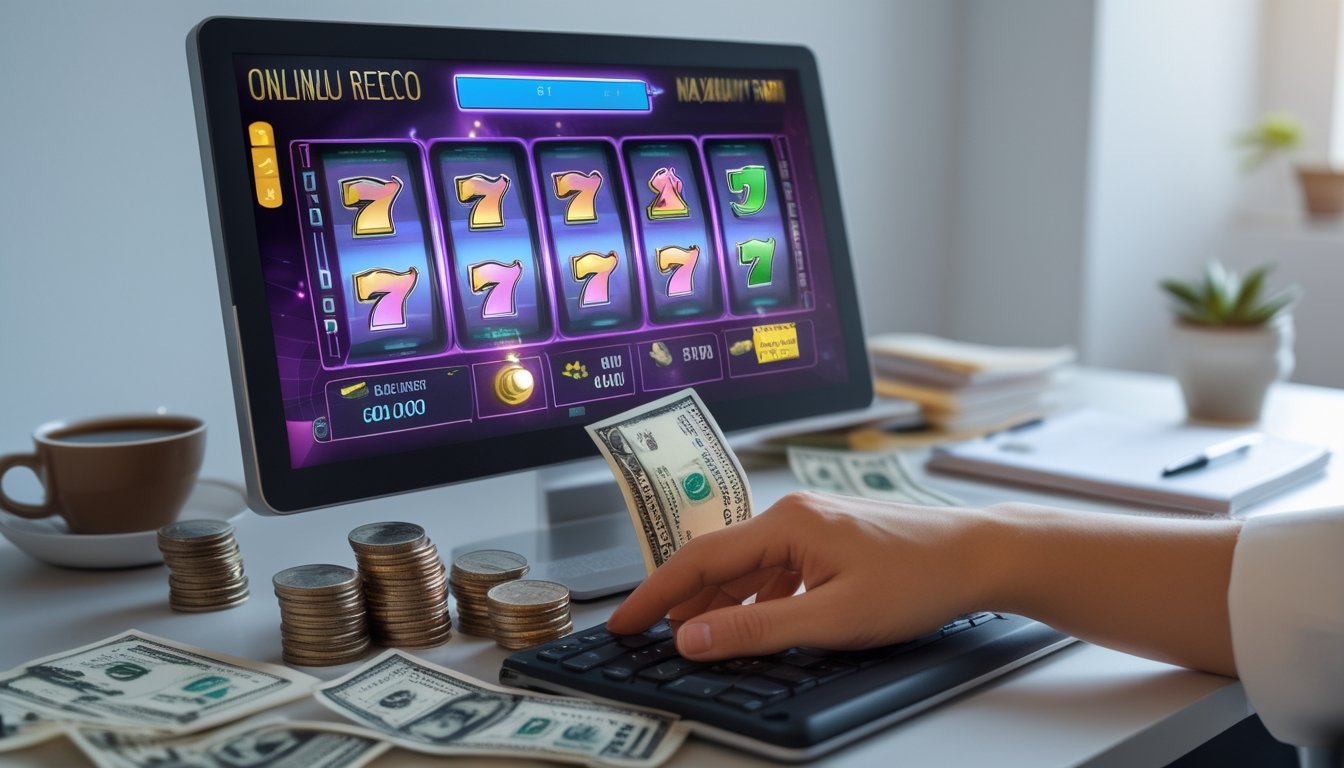 Tangan seseorang bermain permainan slot online di laptop dengan tumpukan koin dan uang di dekatnya.