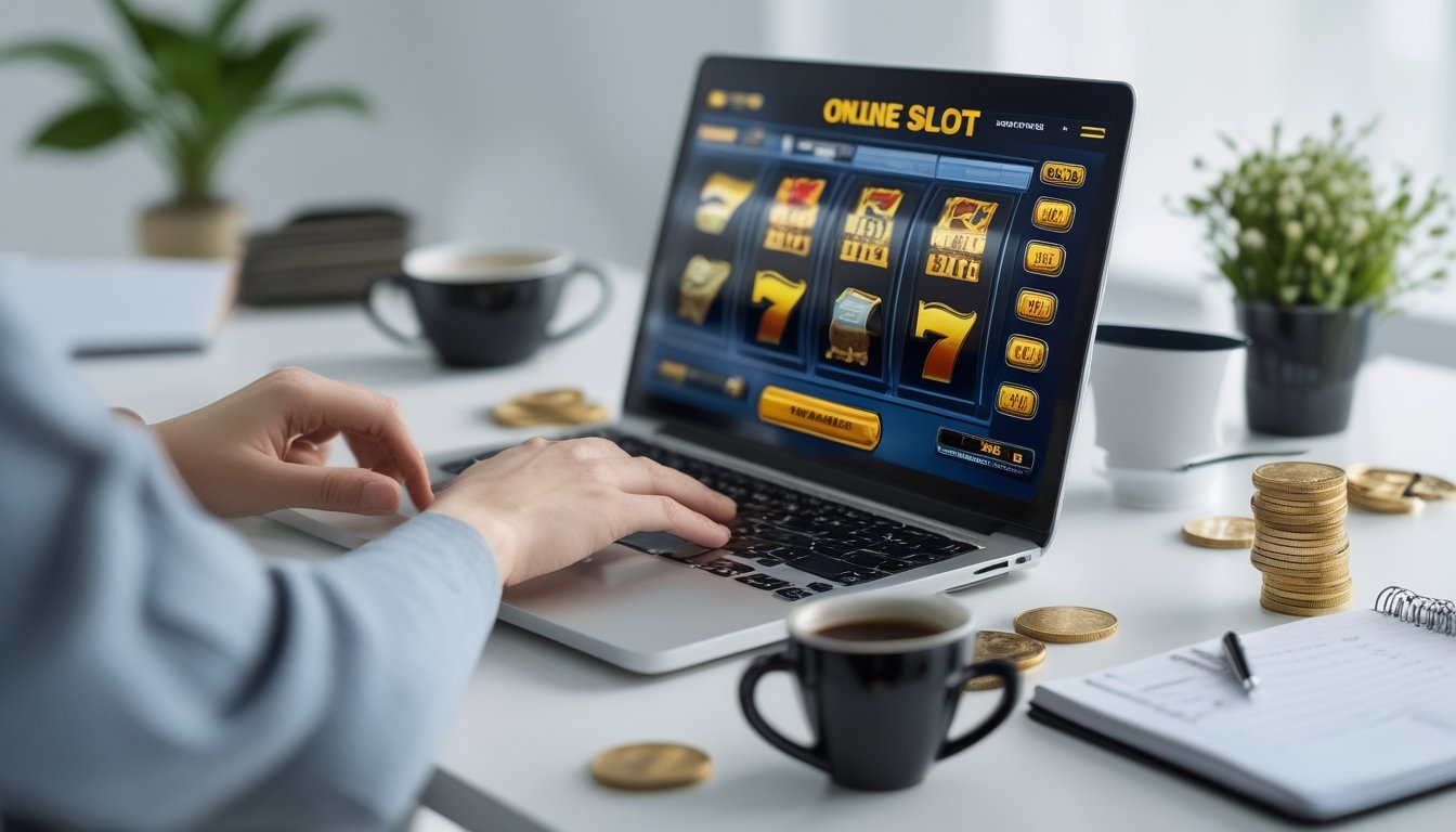 Seseorang menggunakan laptop dengan permainan slot online di layar, dikelilingi oleh koin dan buku catatan di meja kerja.