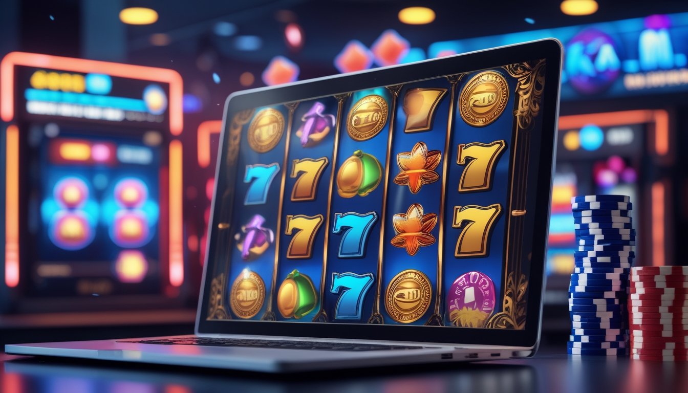 Sebuah layar komputer menampilkan permainan mesin slot dengan simbol berwarna-warni dan tumpukan chip kasino di dekatnya.
