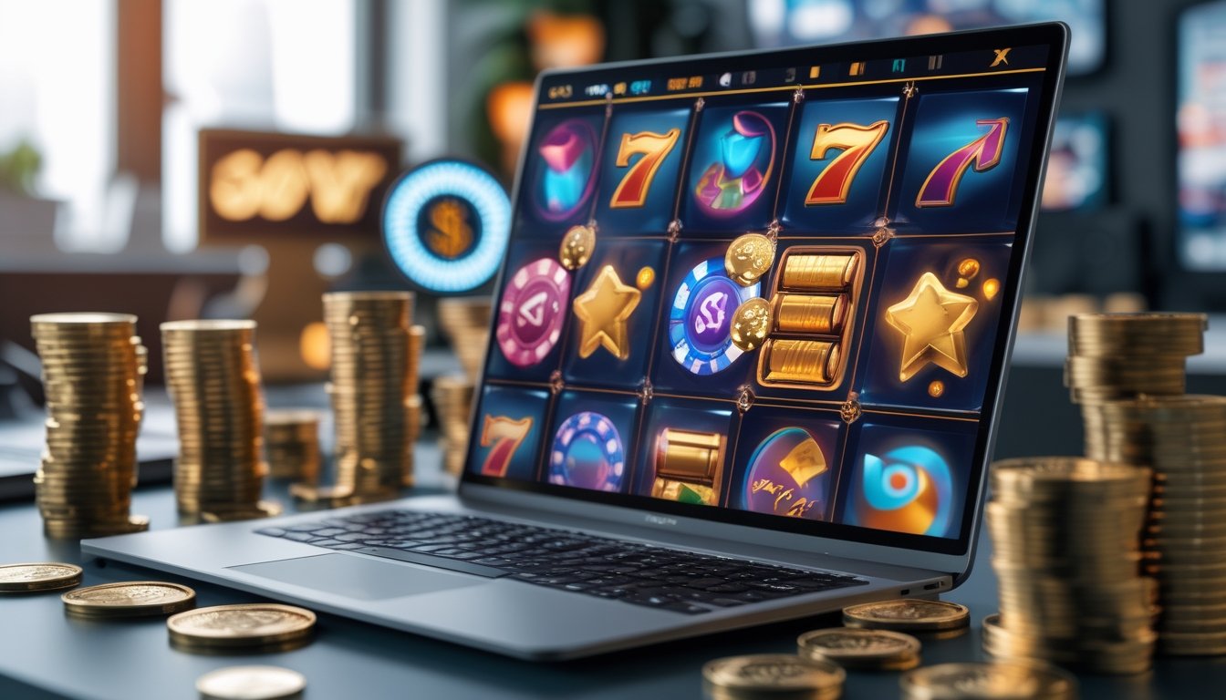 Sebuah meja dengan komputer menampilkan permainan slot online dengan grafik warna-warni, dikelilingi oleh tumpukan koin emas dan chip kasino.