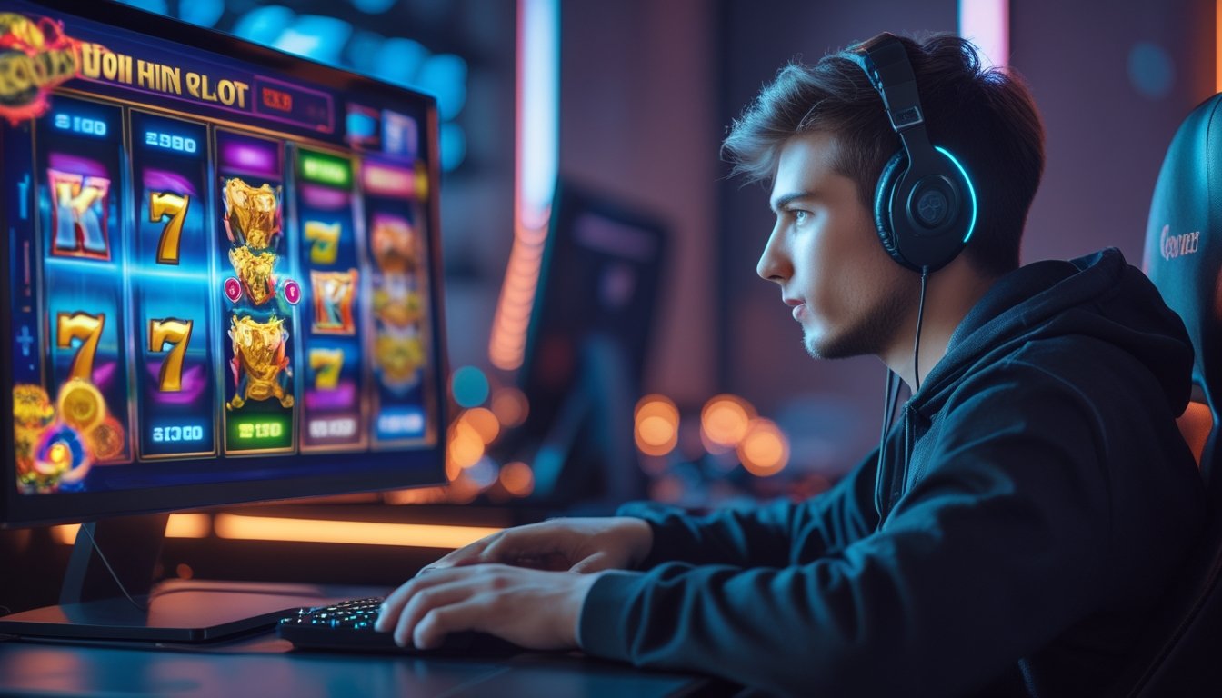 Seorang pria muda fokus bermain game slot online di depan layar komputer dengan tampilan mesin slot berwarna-warni.