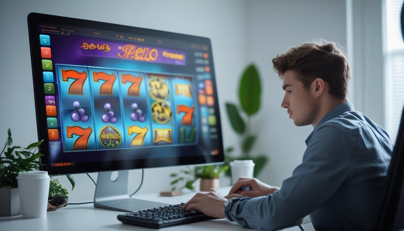 Seorang pria muda fokus bermain permainan slot online di komputer di ruang kerja modern.