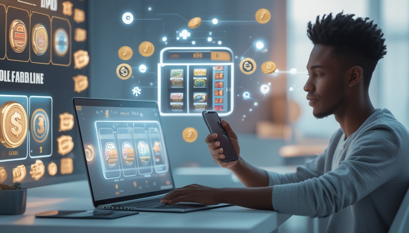 Seseorang menggunakan laptop dan ponsel untuk bermain slot online di ruang kerja yang nyaman.