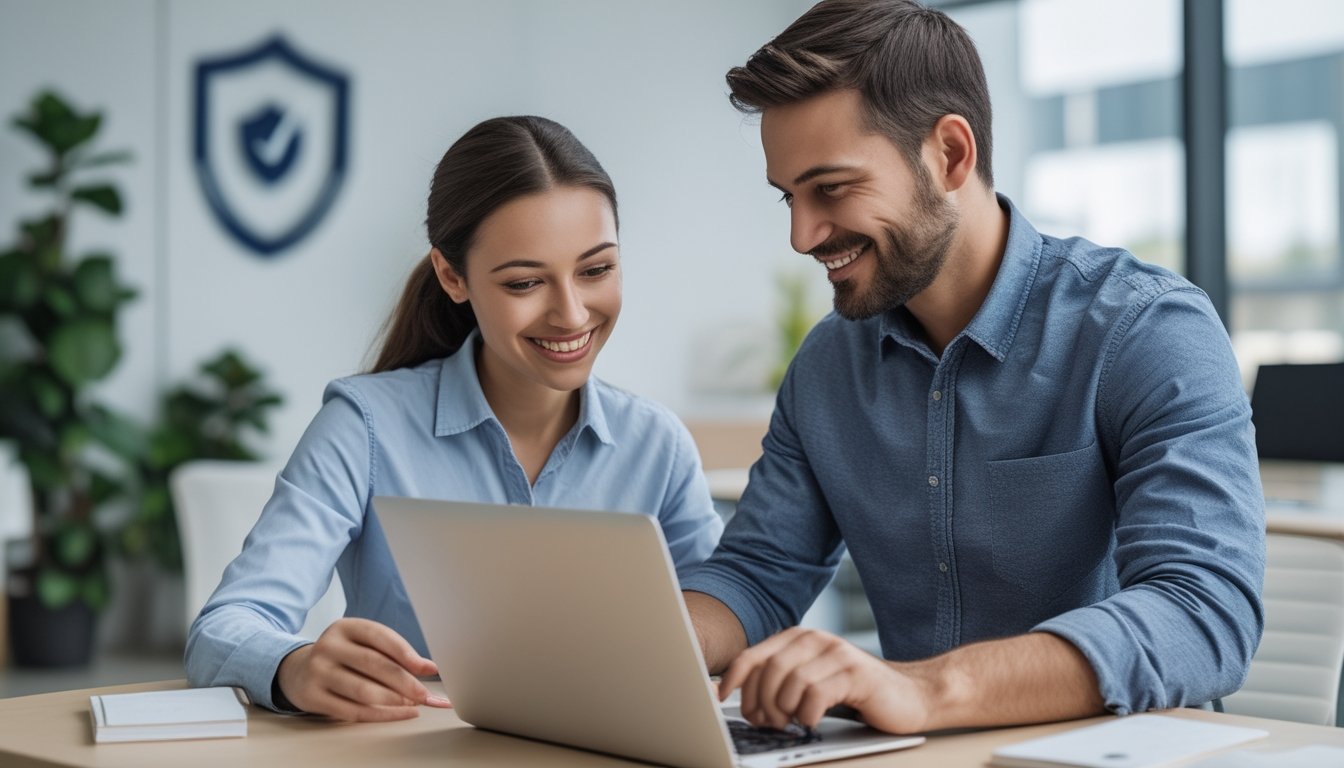 Seorang perwakilan layanan pelanggan membantu pengguna mendaftar slot online di laptop di lingkungan kantor modern yang terang.