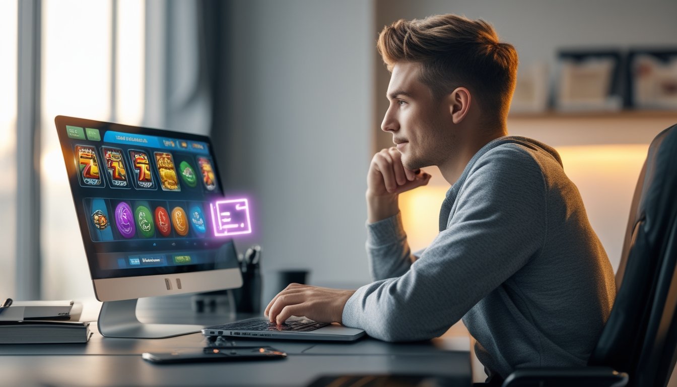 Seorang dewasa muda duduk di depan laptop yang menampilkan permainan slot online, dengan catatan dan ponsel di meja, terlihat fokus dan tenang.