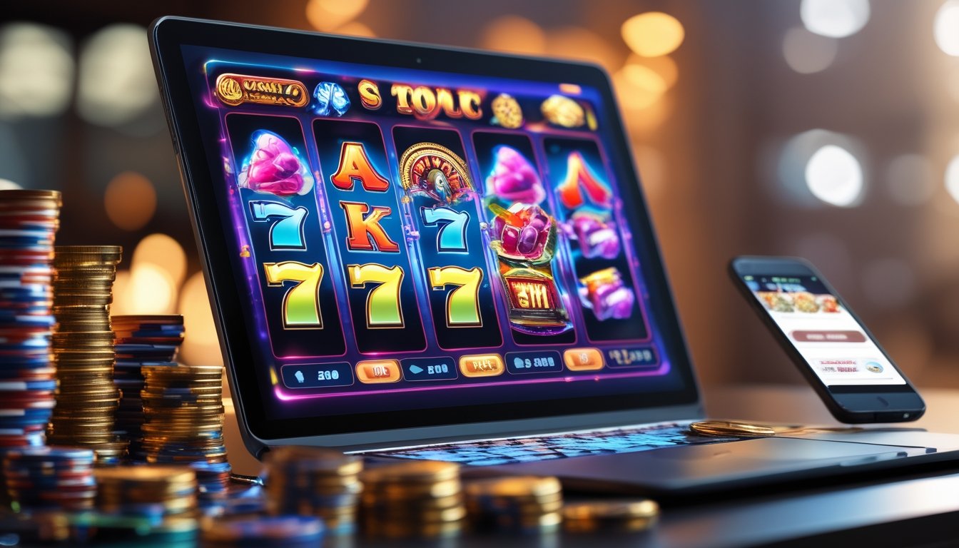 Tampilan layar komputer dengan permainan slot online berwarna cerah dan tumpukan chip poker serta koin emas di sekitarnya.