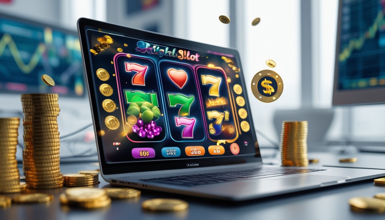 Seorang pemain sedang menggunakan laptop dengan tampilan permainan slot online penuh warna dan tumpukan chip poker serta koin emas di sekitar meja.