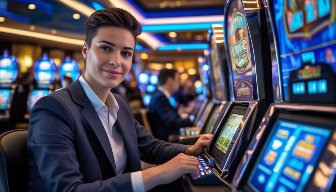 Seorang pemain duduk di depan mesin slot di kasino dengan ekspresi percaya diri dan fokus.