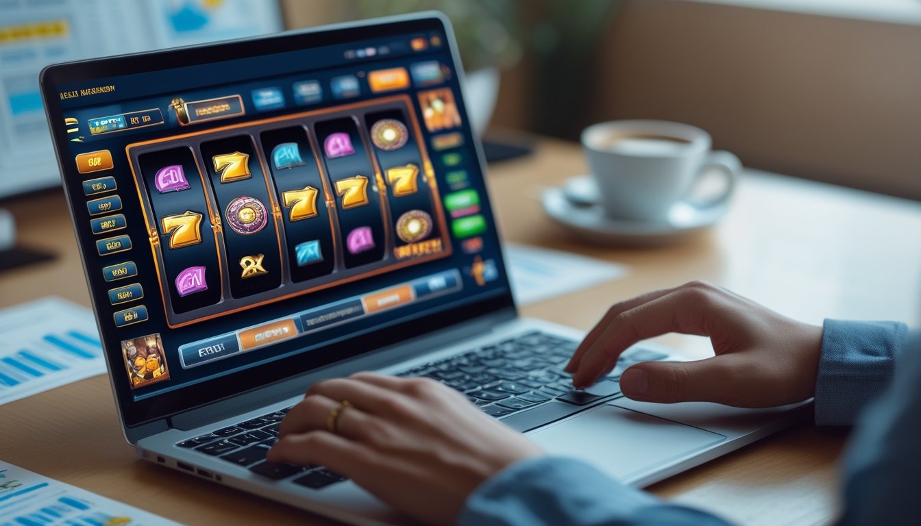 Seorang pemain menggunakan laptop untuk bermain slot online di ruang kerja yang rapi dan terang.