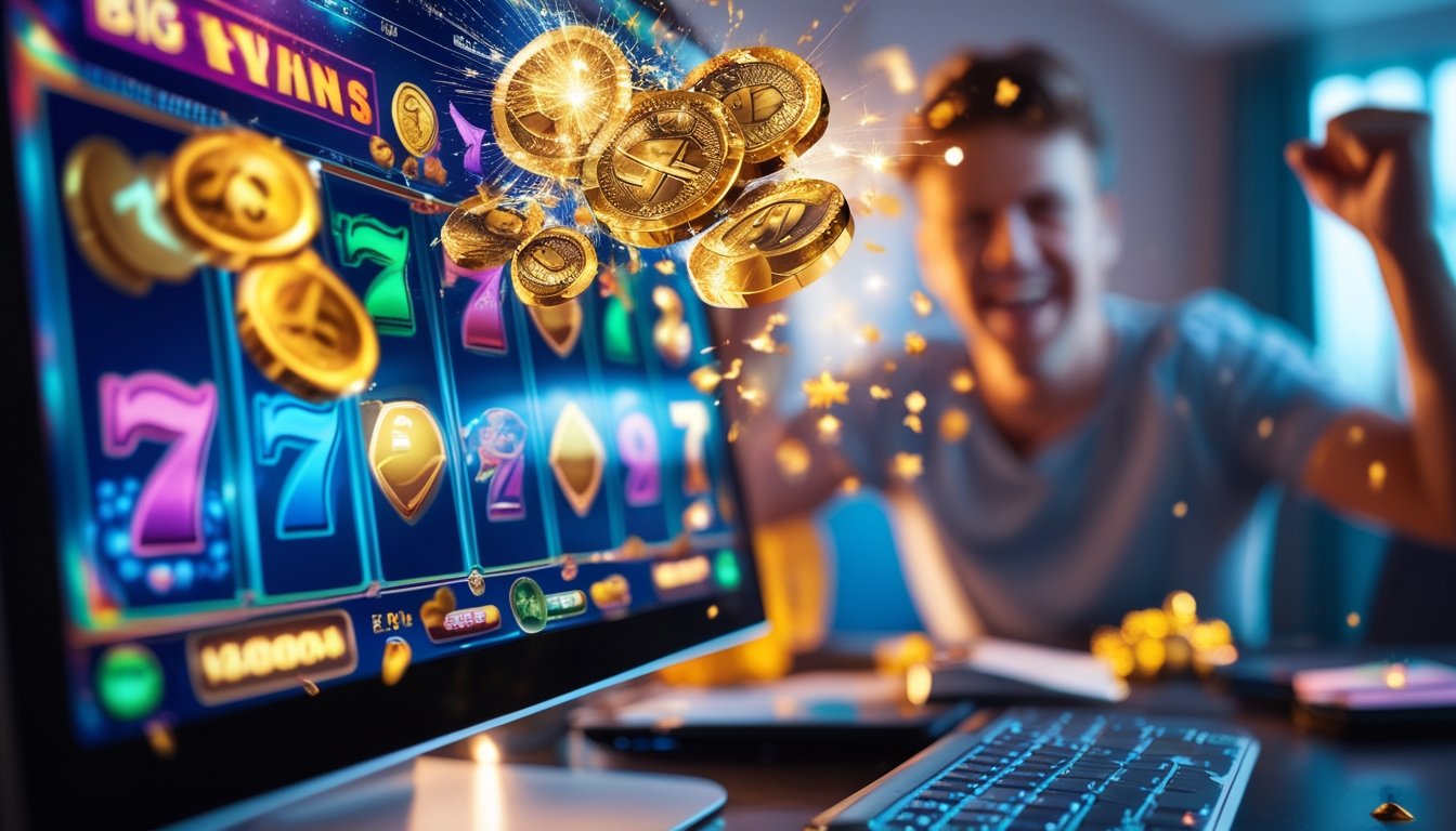 Seseorang yang sedang merayakan kemenangan besar saat bermain slot online di depan layar komputer atau ponsel.