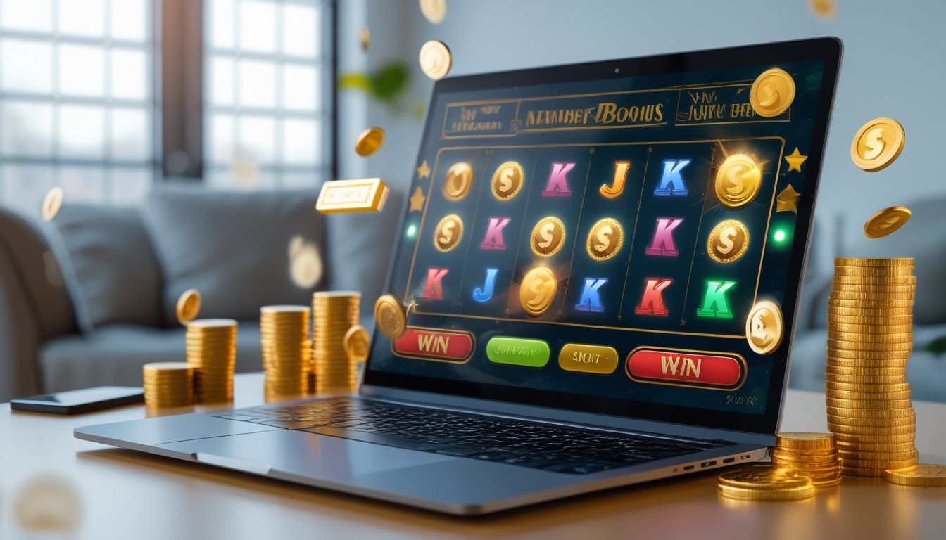 Seorang pengguna komputer di ruang santai yang menampilkan permainan slot online dengan simbol jackpot dan koin emas di sekitar layar.