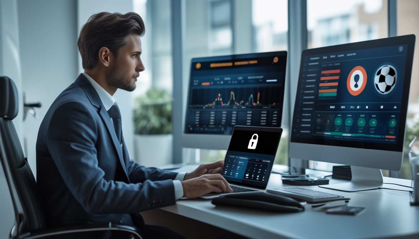 Seorang profesional di kantor modern sedang menganalisis data di layar komputer dengan ikon keamanan dan grafik terkait taruhan bola online.