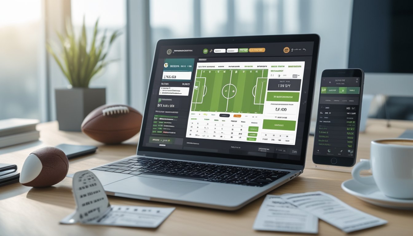 Seorang pria duduk di depan laptop dengan layar menampilkan situs taruhan sepak bola, dikelilingi bola sepak, smartphone, dan kertas taruhan di meja kerja yang terang dan rapi.