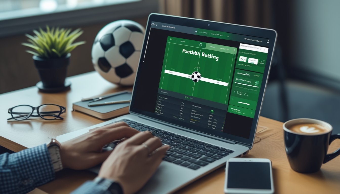 Seorang pengguna duduk di depan laptop yang menampilkan situs taruhan sepak bola online dengan bola sepak di sampingnya dan ponsel di meja.