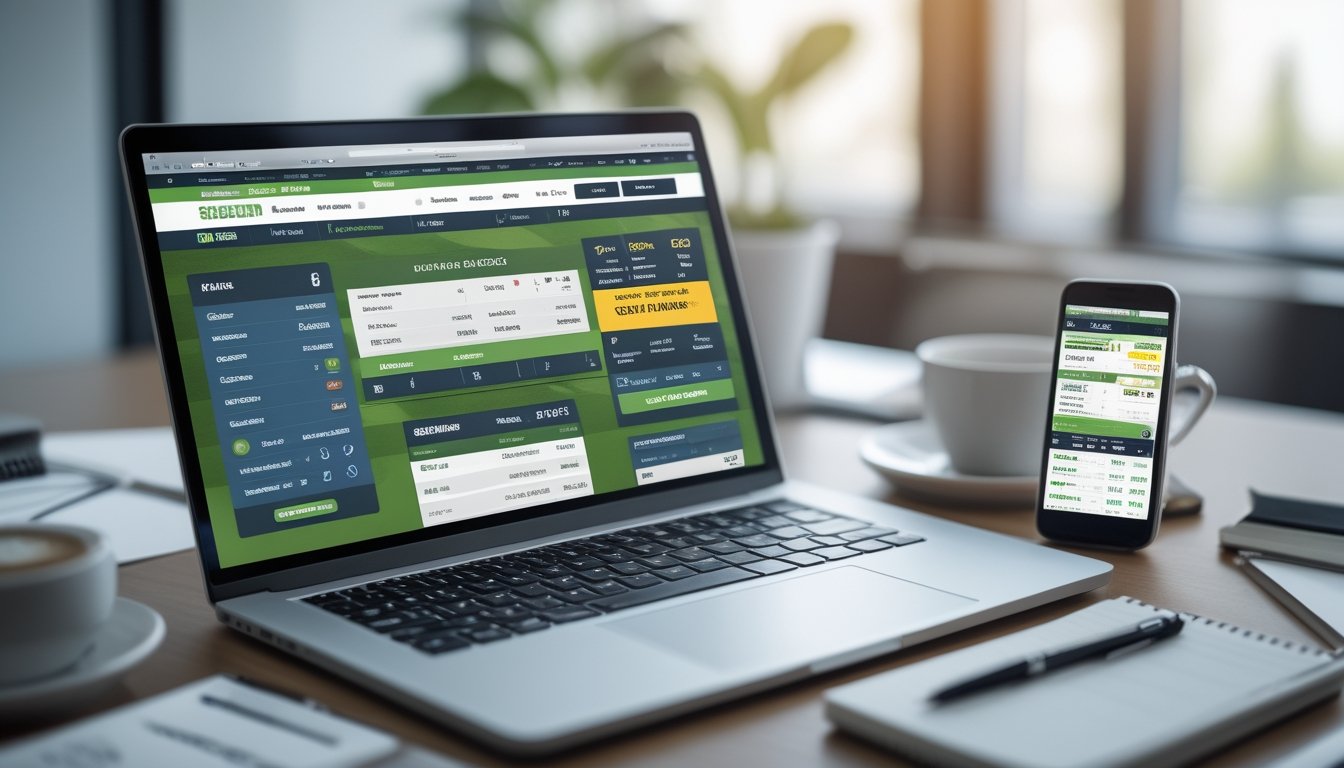 Seorang pria menggunakan laptop dan ponsel untuk memasang taruhan sepak bola secara online di meja kerja yang rapi.