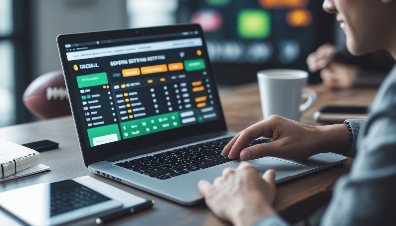 Seorang pengguna bekerja dengan laptop dan ponsel yang menampilkan situs taruhan bola online, di meja terdapat kopi dan alat tulis, dengan latar belakang perlengkapan olahraga yang samar.