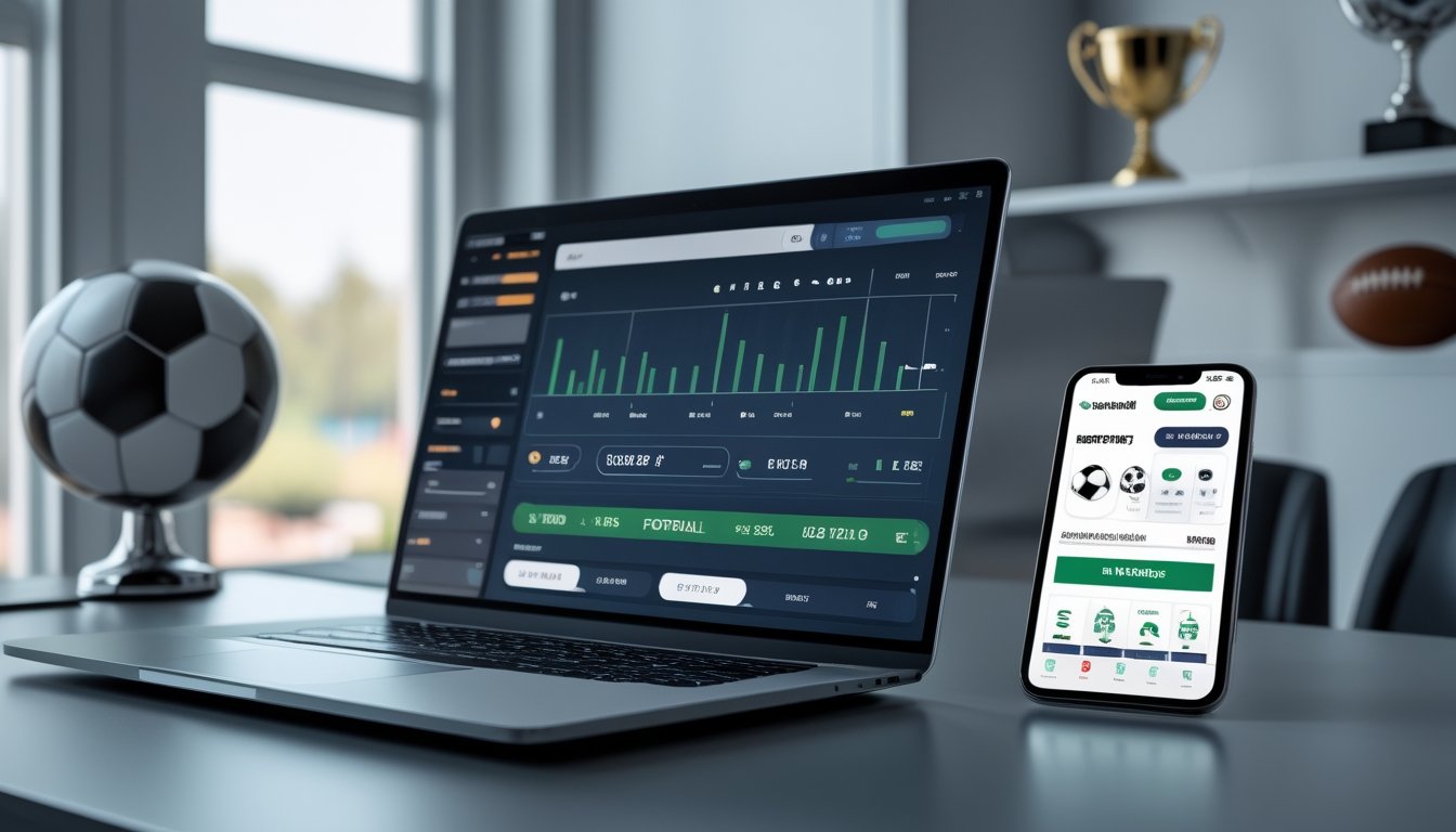 Sebuah meja kerja modern dengan laptop dan ponsel yang menampilkan aplikasi taruhan bola online, di latar belakang terdapat pernak-pernik olahraga seperti bola dan piala.