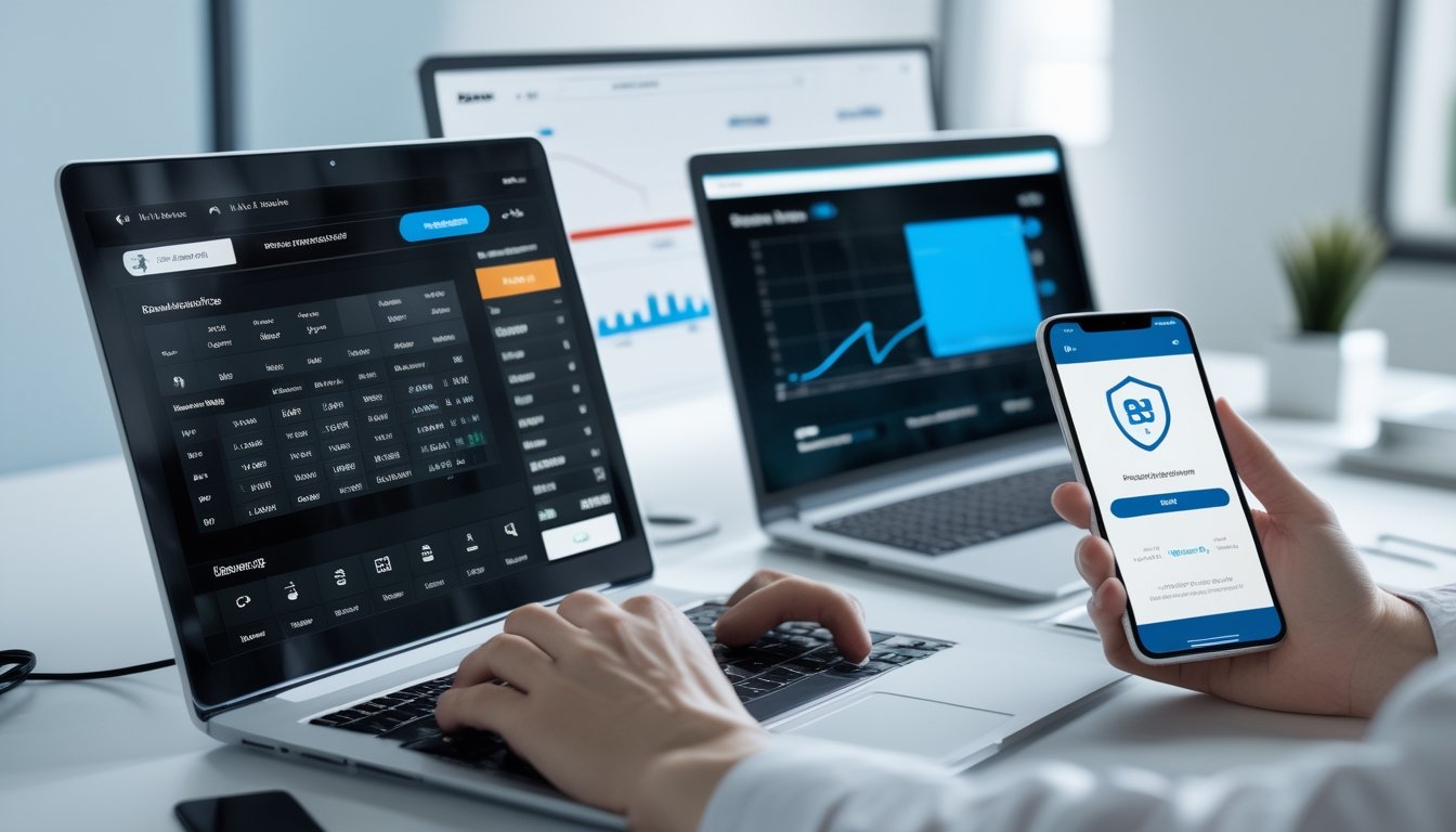 Seseorang menggunakan laptop dan ponsel di meja kerja dengan tampilan data transaksi dan taruhan olahraga online.