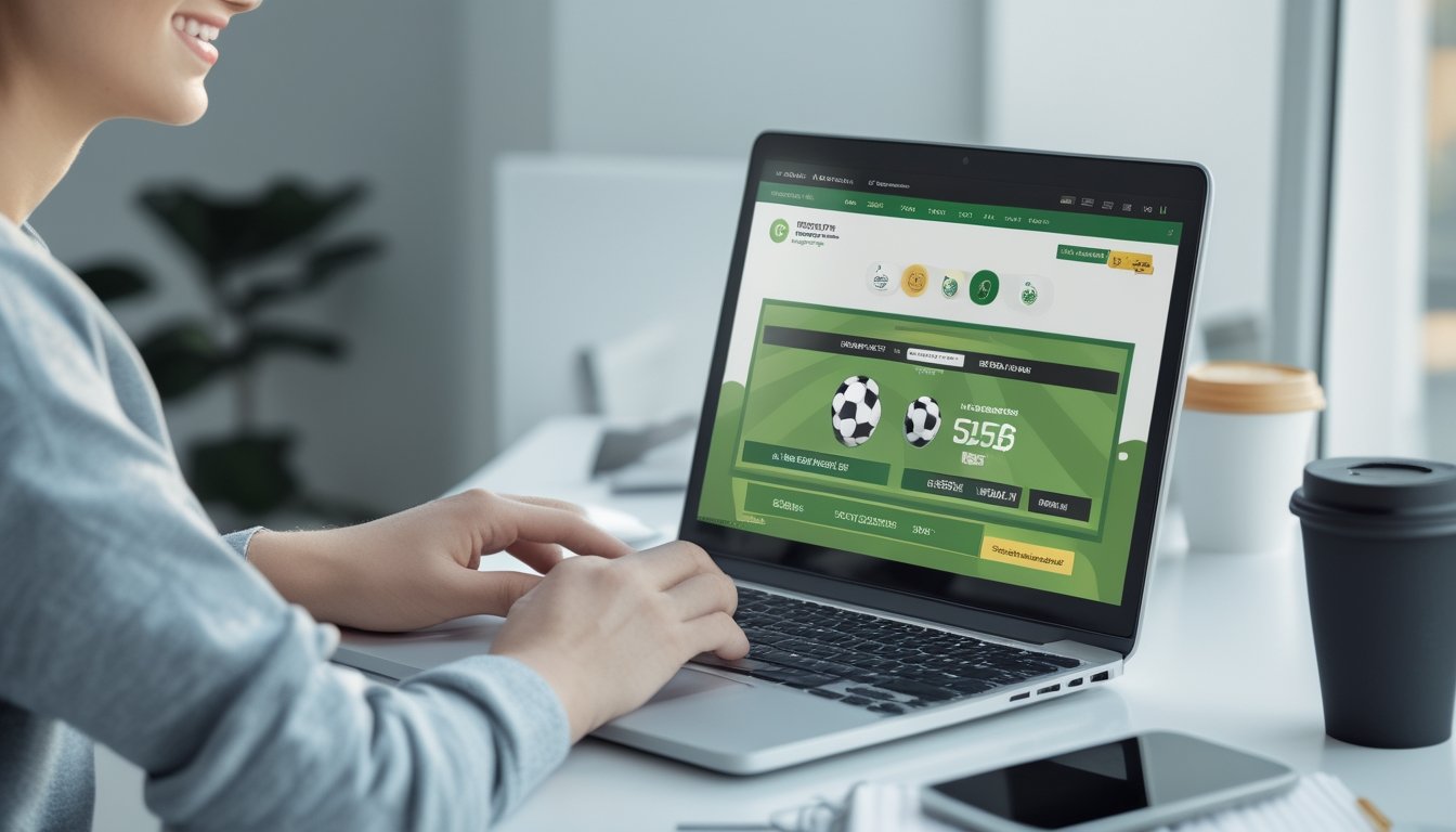 Seseorang sedang mendaftar di situs taruhan bola online menggunakan laptop di meja kerja dengan suasana cerah dan rapi.