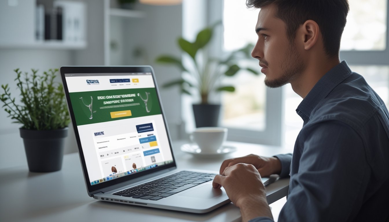 Seseorang muda sedang mendaftar di situs bandar bola online menggunakan laptop di ruang kerja rumah yang terang.