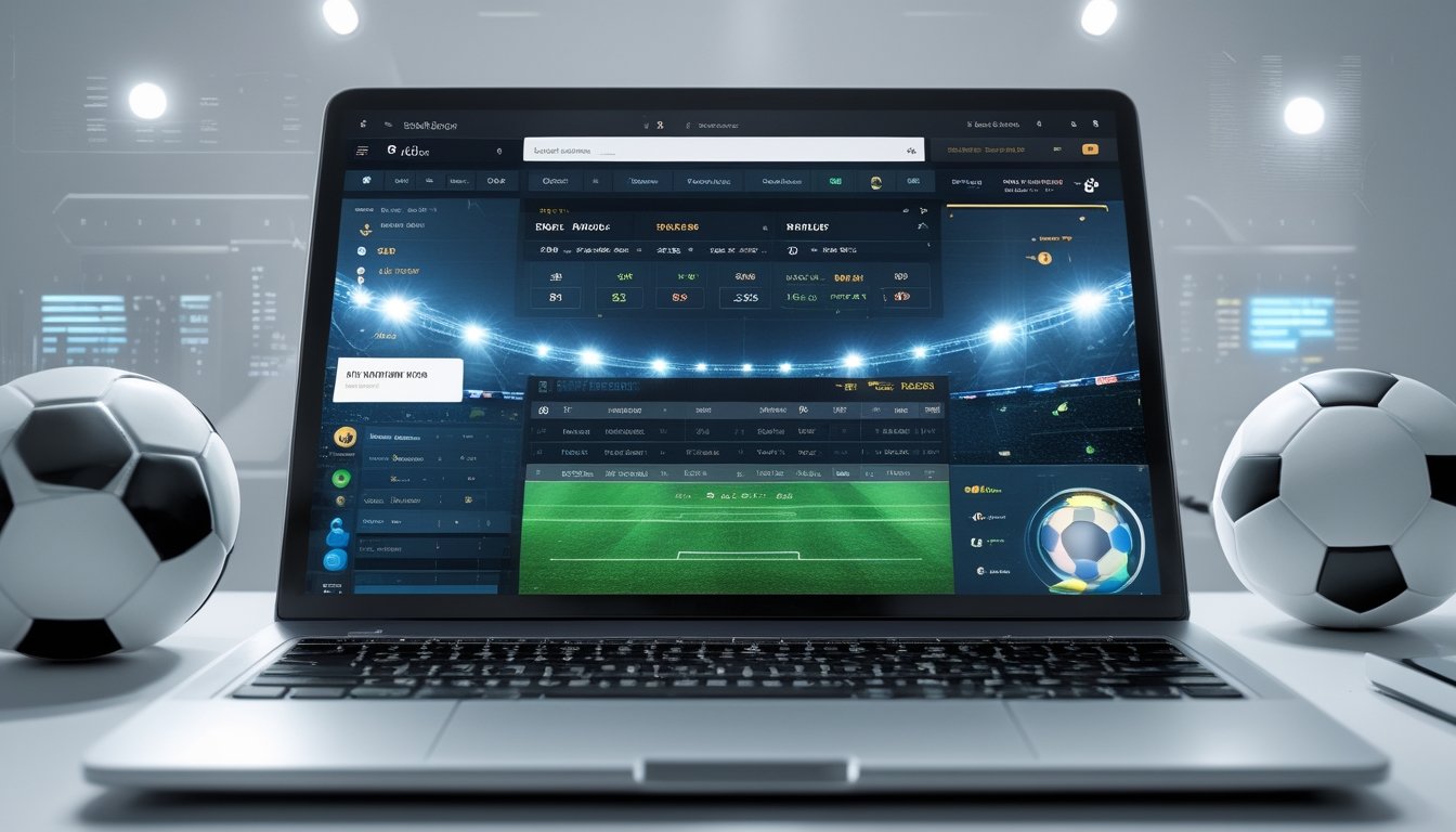 Sebuah komputer dengan layar menampilkan antarmuka taruhan bola online, dikelilingi bola sepak dan latar stadion dengan lampu terang.