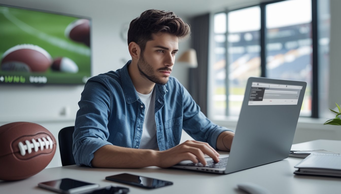 Seorang pria muda duduk di meja dengan laptop dan smartphone, fokus menganalisis data taruhan bola secara bijak dan aman.