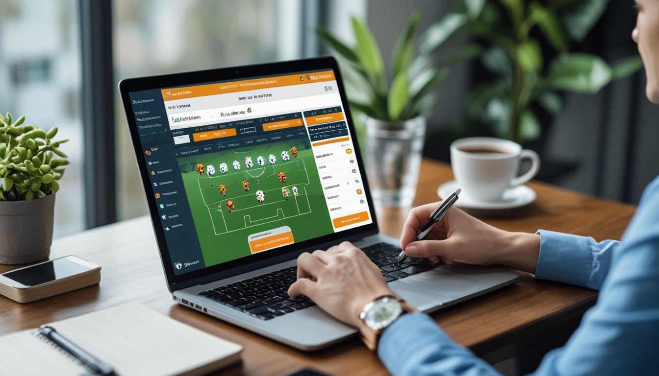 Seorang pria berpakaian kasual rapi sedang melihat layar laptop yang menampilkan situs taruhan bola online di ruang kerja yang rapi dan terang.