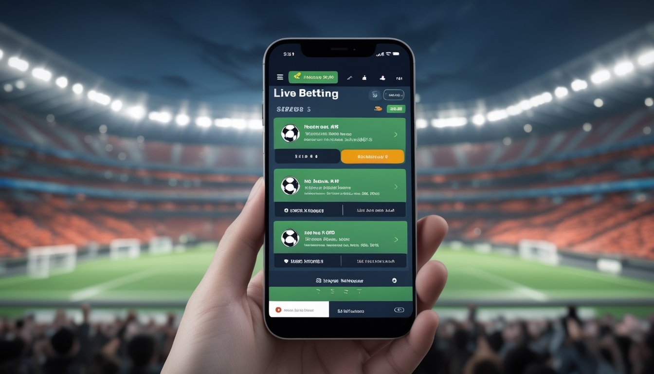 Sebuah ponsel menampilkan antarmuka taruhan langsung sepak bola dengan latar belakang stadion sepak bola yang ramai.