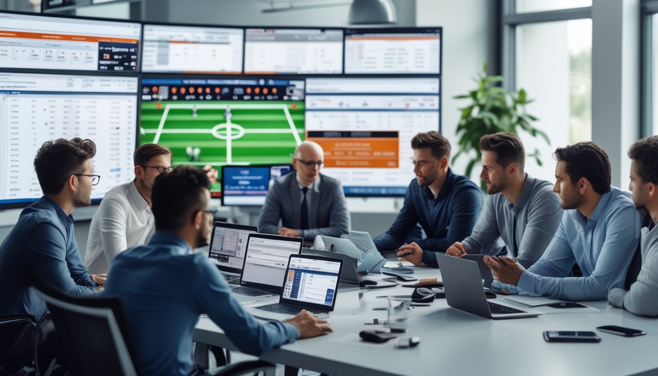 Sekelompok pemain berpengalaman duduk bersama di meja dengan perangkat digital, sedang membahas strategi taruhan bola online.