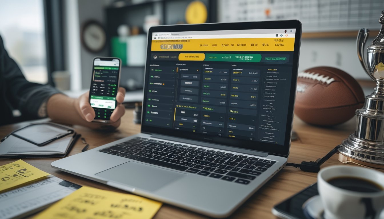 Seorang pria bekerja di depan laptop dengan tampilan situs taruhan bola online, dikelilingi catatan, ponsel dengan skor olahraga, dan cangkir kopi di ruang kerja yang terang.